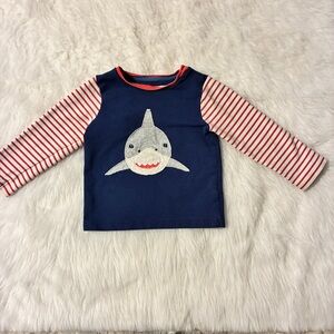 Baby Boden Blue Shark Boys Tee with Striped Sleeves